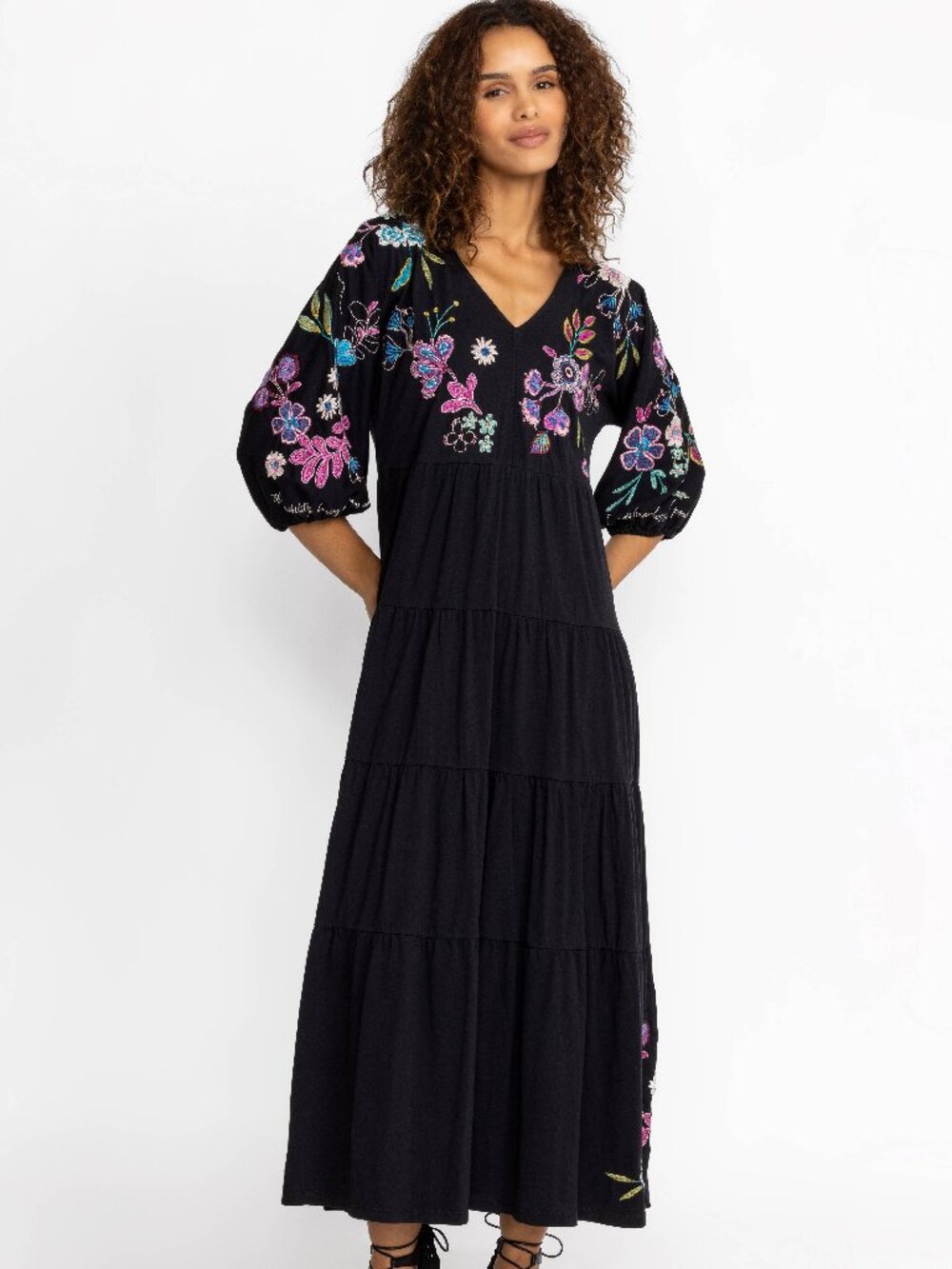 Johnny Was Women's Black Cotton V-Neck Shilo Dolman Tiered Knit Dress Size XL